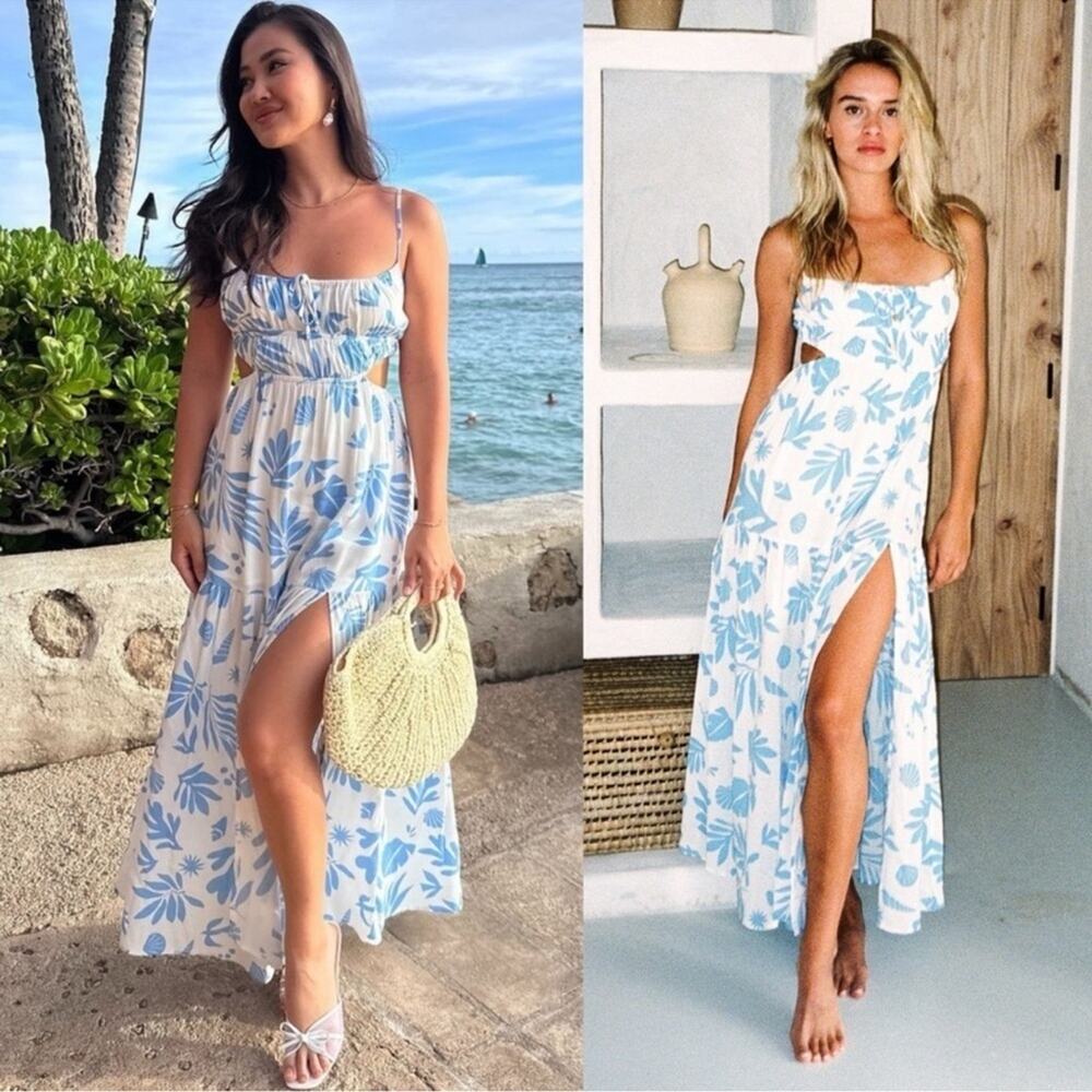 l*space White and Light Blue Floral Maxi Dress with Side Slit - Picture 2 of 15